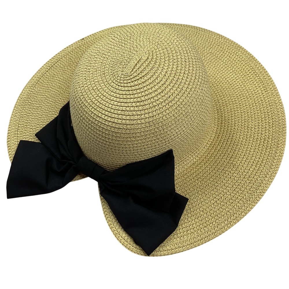 Peter Grimm Tan Woven Straw Sun Hat Black Bow Wide Brim Summer Beach Hat
